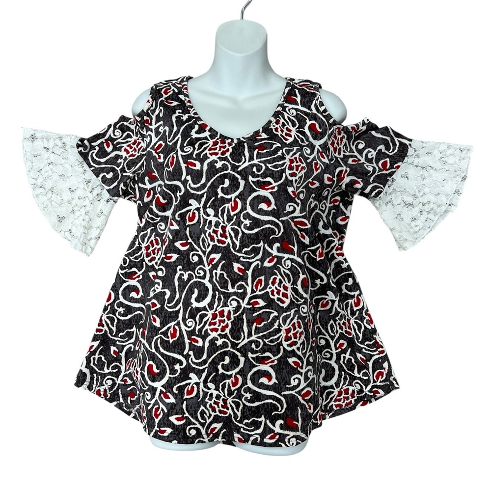 Elegant Black and White Women's Tunic Top with Red Accents by Stem & Vine Medium